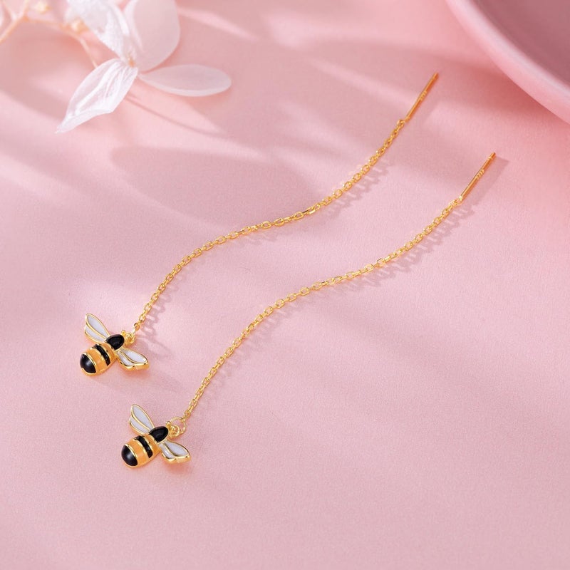 SLUYNZ 925 Sterling Silver Bumble Bee Dangle Earrings for Women Threader Earrings Chain (18K Gold Plated) - Image 2